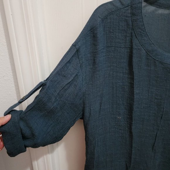 Umgee Women's Long Crepe Tunic Top Roll Tab 3/4 Sleeve Airy Solid Blue Sz Small - Picture 4 of 10